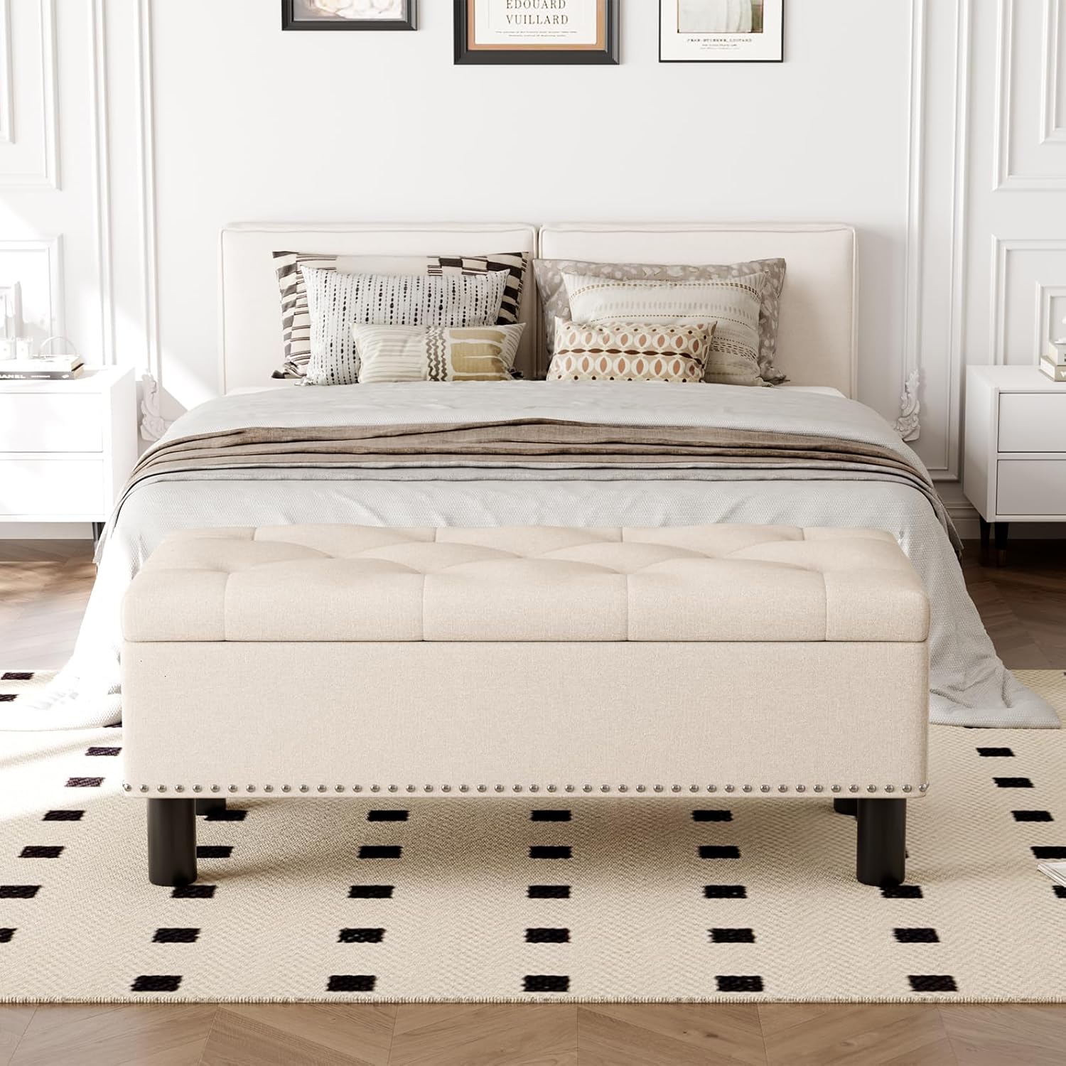 Furniliving Modern Storage Ottoman Bench, Sherpa Ottoman End of Bed Bench with Solid Wood Legs Upholstered Ottoman Benches with Storage Indoor Bench